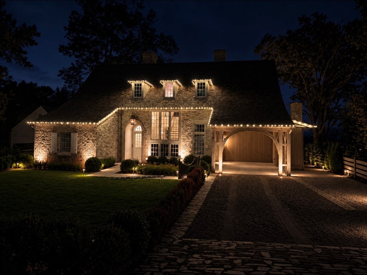 Stone home at night with warm white C9 Christmas lights outlining the eaves, three dormers and the carport roofline, with uplit shrubs and pathway lighting below